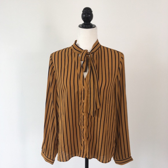 Tops - Mustard & Navy Pinstriped Tie Neck Blouse